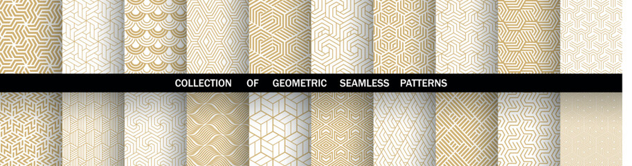 Geometric set of seamless golden and white patterns. Simple vector graphics
