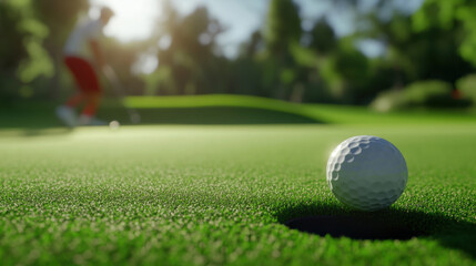 golfer prepares to putt on sunny day, with golf ball close to hole on lush green course. scene captures excitement of game