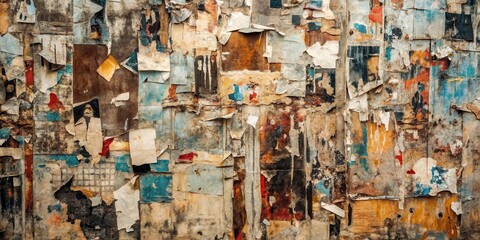 Naklejka premium A Layered Tapestry of Weathered Paper Fragments, a Multitude of Hues and Textures Intertwined, Revealing a Rich History Through the Decaying Remains of Forgotten Notices
