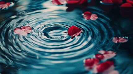 Rose petals float gracefully on water, creating gentle ripples as delicate waves spread softly, setting a mood of quiet reflection and beauty.