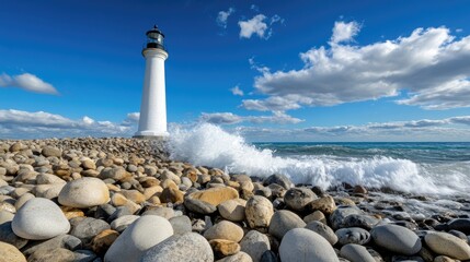Waves crashing against rocky shoreline near lighthouse coastal landscape daytime scenic view maritime concept