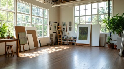 Fototapeta premium Art studio in a bright space creative workspace interior design natural light professional environment