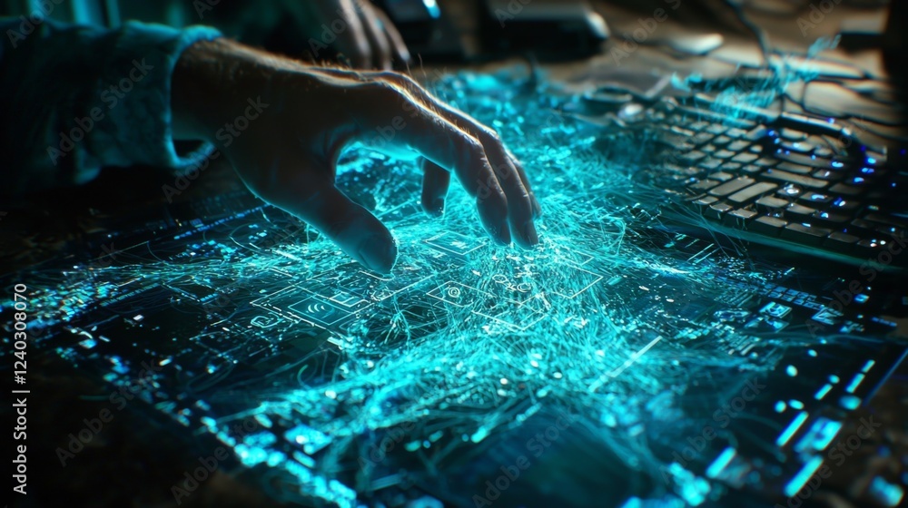 Aufkleber futuristic hand interacting with digital interface and circuitry concept in cyber technology environ