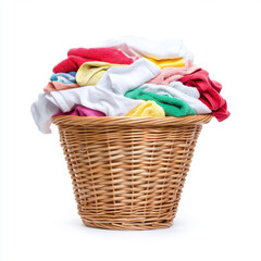 laundry basket filled with colorful, clean clothes, showcasing variety of fabrics and textures, perfect for home setting