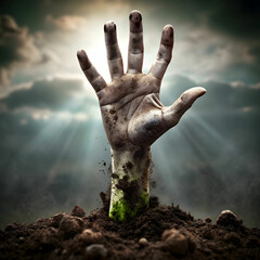 Zombie Hand Coming Out of Soil isolated on white Background