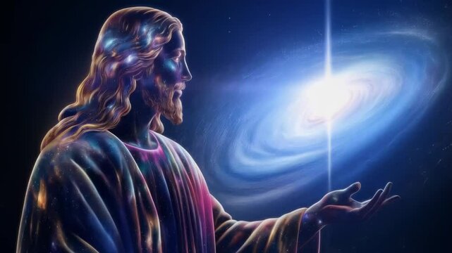 A celestial depiction of Jesus Christ in space, surrounded by stars and a vibrant nebula.