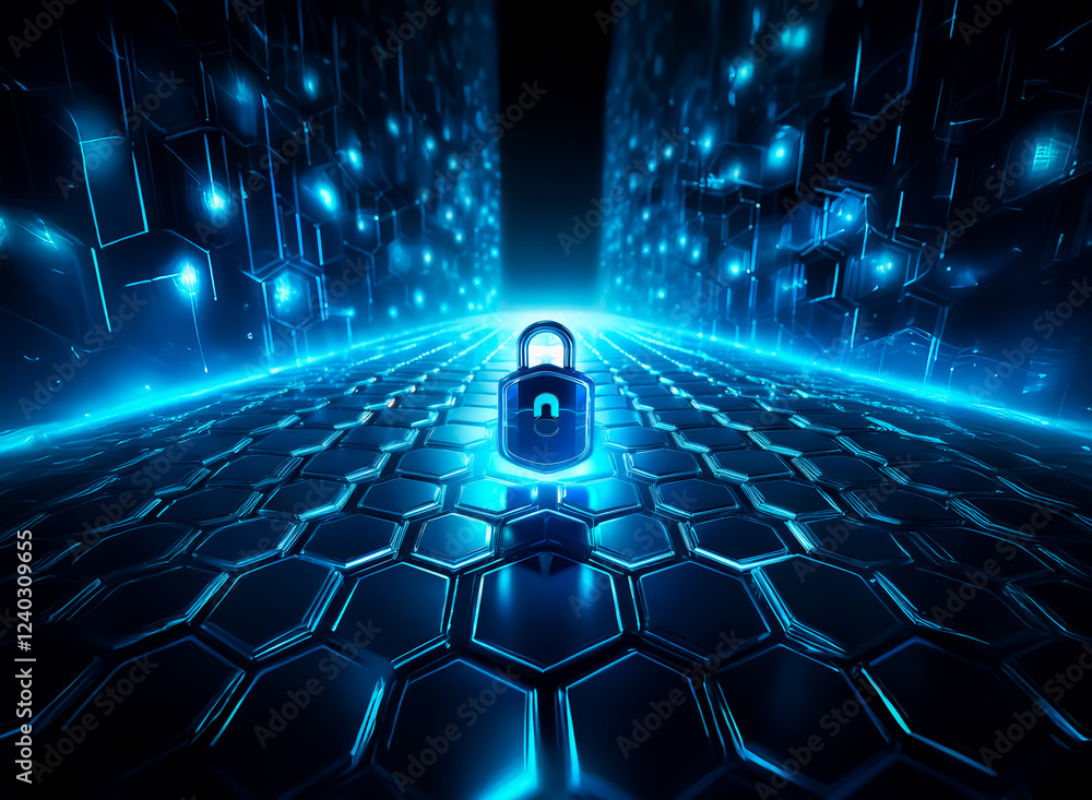 Aufkleber a glowing blue padlock sits at the center of a hexagonal, digital pathway, symbolizing cybersecurity