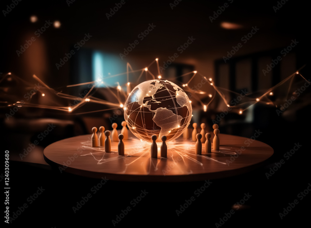 Poster Illuminated glass globe encircled by wooden figures, representing global connectivity and network.  Glowing lines symbolize interconnectedness.