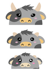 Cow family vector design. Cute design of a group of cows. Set of farm animals. Collection of cute cow face vector cartoon. Cute grey cow vector design