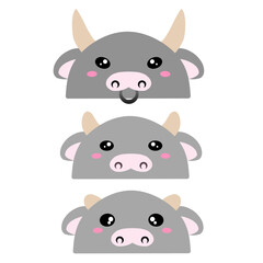set of cartoon animals. Cow family vector design. Cute design of a group of cows. Set of farm animals. Collection of cute cow face vector cartoon. Cute grey cow vector design