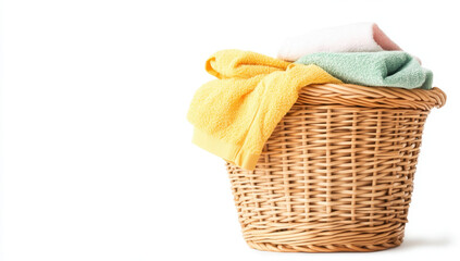 Obraz premium wicker laundry basket filled with colorful towels, showcasing vibrant and organized look. Perfect for home decor or laundry related themes