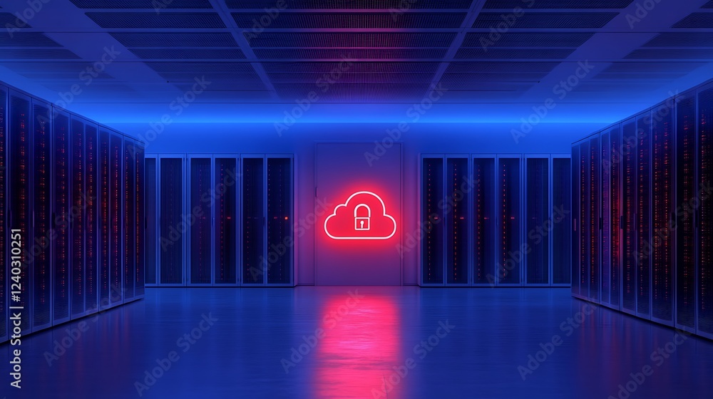 Poster a digital cloud with a lock icon representing data security in a modern server room