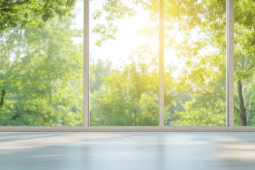Naklejka premium Bright sunlight streaming through large windows, illuminating serene green landscape outside. peaceful atmosphere invites relaxation and tranquility