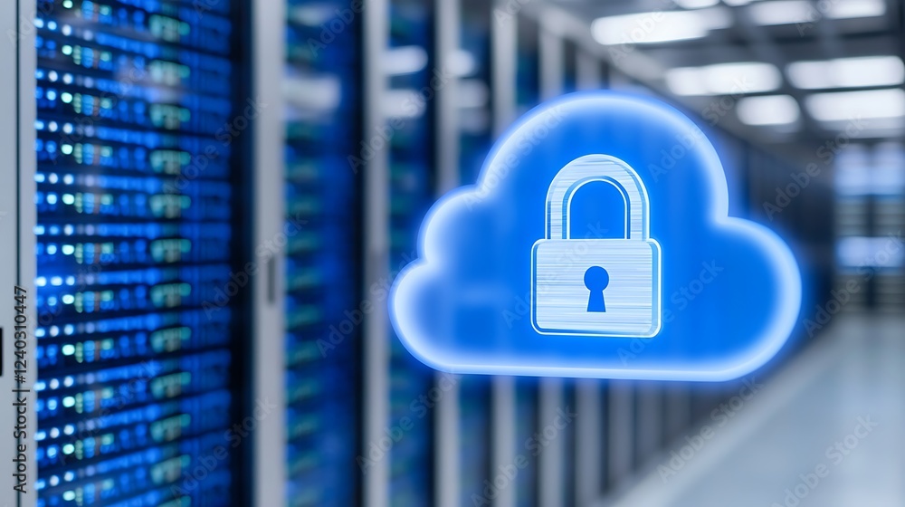 Poster a digital cloud with a lock icon representing data security in a modern server room