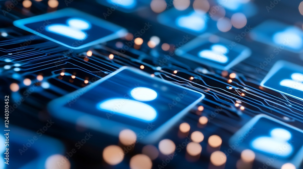 Poster a close-up of a circuit board featuring a digital profile icon representing technology and connectiv
