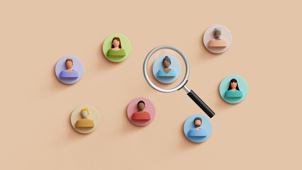 Human Resources concept. HR management, headhunting, job applicants, employee sourcing, applicant selection process. Magnifying glass searching for the ideal candidate. 3D illustration