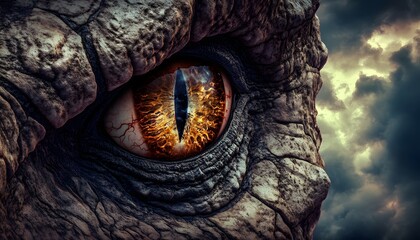 Obraz premium A fiery eyed monstrous creatures gaze pierces the stormy sky