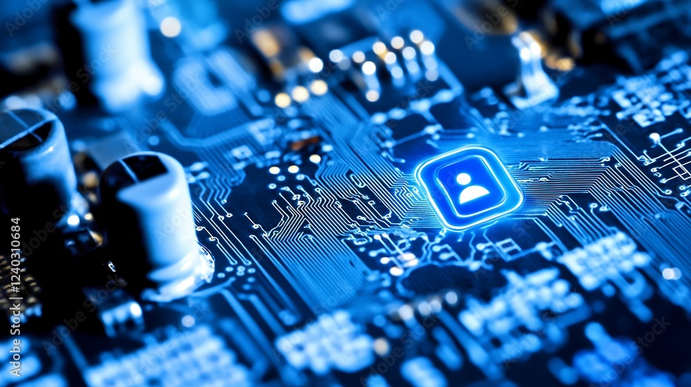 Poster a close-up of a circuit board featuring a digital profile icon representing technology and connectiv