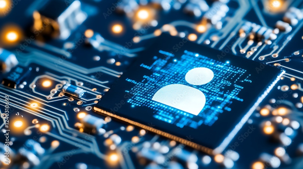 Poster a close-up of a circuit board featuring a digital profile icon representing technology and connectiv