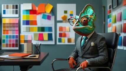 Obraz premium Chameleon art director sitting in office choosing color palette