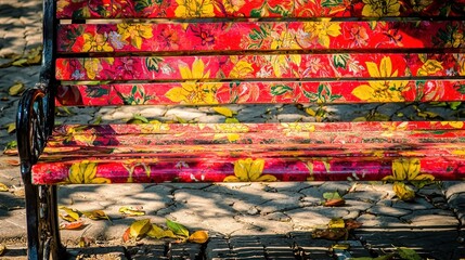Vibrant Floral Park Bench in Autumn Sunlight