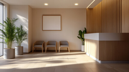 Fototapeta premium simple, uncluttered waiting room in IT company featuring wooden accents, potted plants, and comfortable seating. warm lighting creates welcoming atmosphere