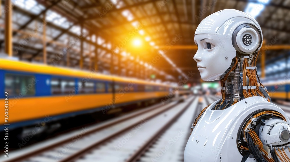 Poster robot interaction with trains train station digital art urban environment close-up view futuristic c