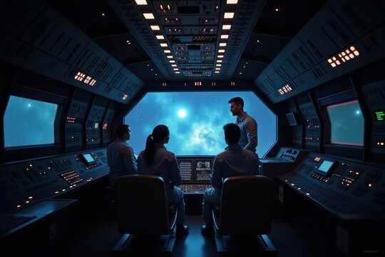 A group of astronauts inside a spaceship celebrates World Aviation and Space Day, looking at a control panel with screens showing the stars. The interior is filled with equipment and glowing buttons