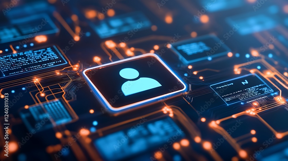 Poster a close-up of a circuit board featuring a digital profile icon representing technology and connectiv