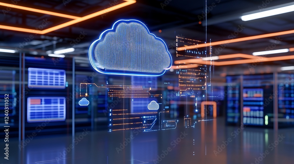 Poster a digital cloud icon displayed on a modern computer screen surrounded by data and code
