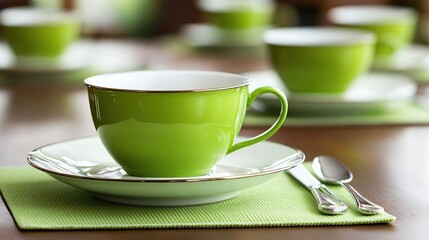 Fototapeta premium Elegant green tea cup setting dining room tableware display cozy atmosphere close-up refreshment and relaxation