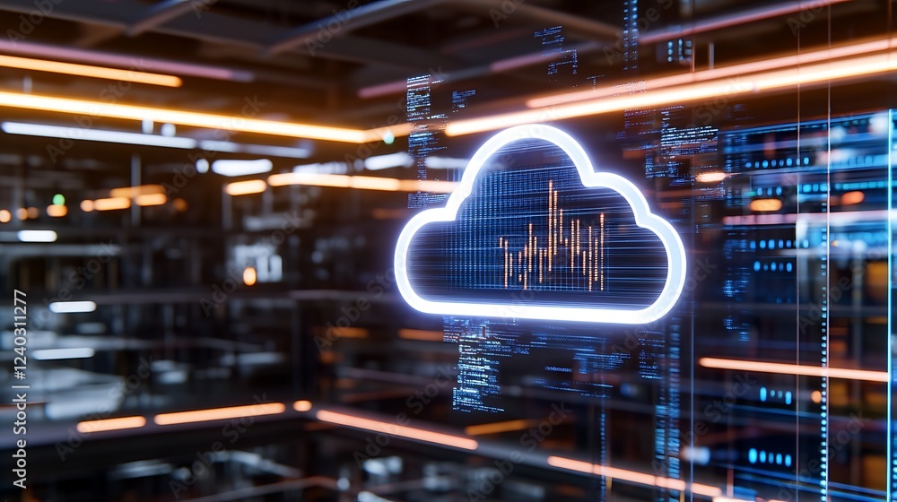 Poster a digital cloud icon displayed on a modern computer screen surrounded by data and code