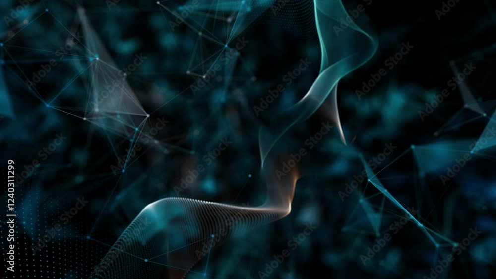 Poster connected dots and lines on blue background. moving lines and dots communication and technology netw