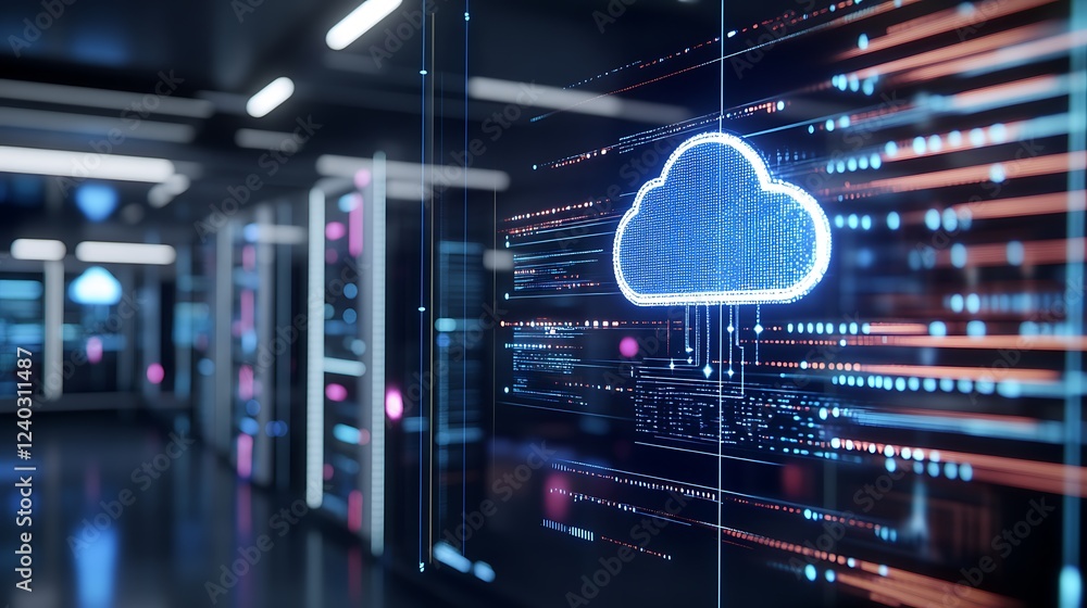 Poster a digital cloud icon displayed on a modern computer screen surrounded by data and code