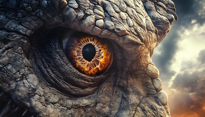 Naklejka premium Ancient Stone Creature Eye Gazes Upon Fiery Skies
