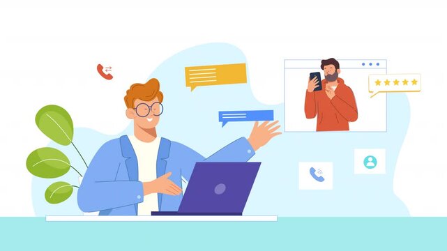 Flat vector scene animation depicting telecallers in a call center environment, with visuals of characters answering calls and communicating with clients.