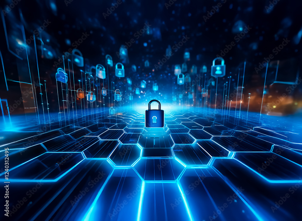 Aufkleber Abstract digital landscape depicting cybersecurity. Glowing blue hexagons form a pathway leading to a central padlock, surrounded by floating lock icons.  Data security and protection are visually rep