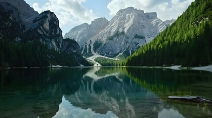 Fototapeta premium Serene mountain lake scene, tranquil waters reflecting towering peaks, lush greenery framing the landscape, perfect for relaxation.