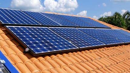 Solar panels on terracotta roof, sunny day, green background, energy efficiency