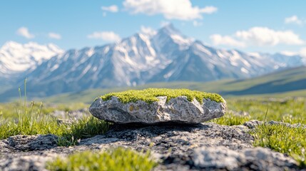Mossy rock, mountain backdrop, nature scene, product display