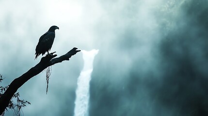 Fototapeta premium Eagle on branch near misty waterfall, wildlife nature image