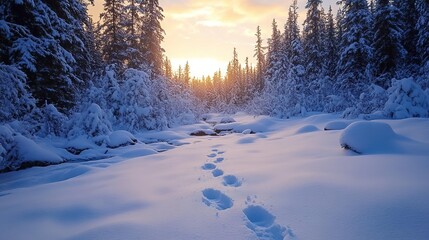 Naklejka premium Animal Paw Print in Fresh Snow: Tranquil Winter Scene. Serene and Peaceful Outdoor Moment Capturing Nature's Footprint in Pure White Snow.