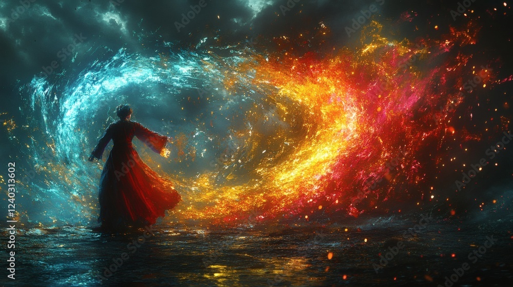 Poster fullbody 3d cinematic view of a painter in action splashing paint onto a wall dynamically creating t