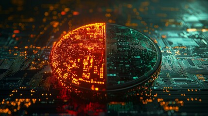 Digital Circuitry Concept Showcasing Half Orange and Half Green LED Light Symmetry on a Futuristic Background