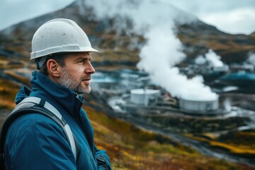 A man in a hard hat observes a geothermal power plant, showcasing renewable energy and industrial landscapes.