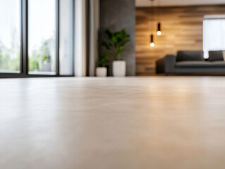 Smooth chukum stucco floor texture in modern interior setting with natural light. warm ambiance is enhanced by wooden accents and greenery, creating cozy atmosphere