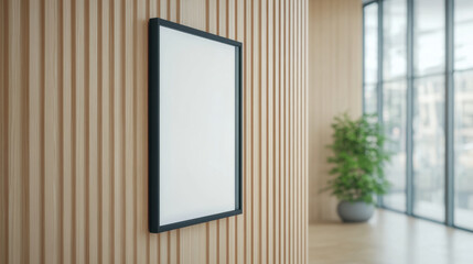 blank frame on wooden wall in modern interior space, featuring large windows and potted plant, creates serene atmosphere