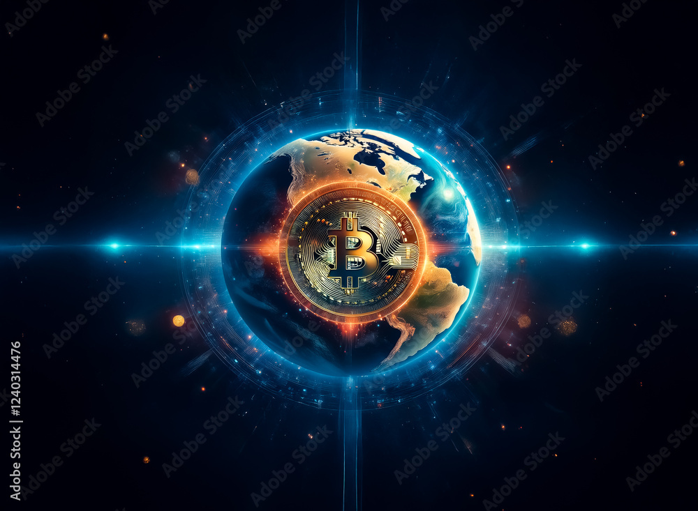 Aufkleber A glowing bitcoin coin is embedded within a digital rendering of planet Earth, encircled by vibrant energy streams, set against a dark cosmic backdrop.  This image symbolizes the global reach and tech