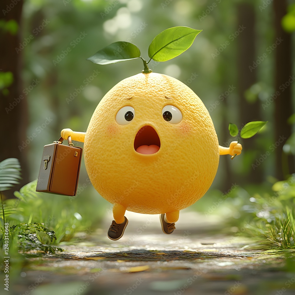 Poster funny 3d lemon character with a round yellow body and a shocked expression running frantically throu