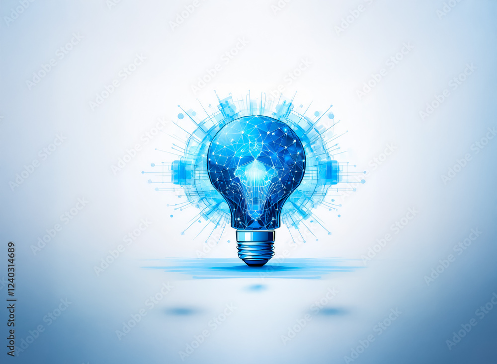 Poster a glowing blue lightbulb, digitally rendered, symbolizes innovation and technological advancement. i